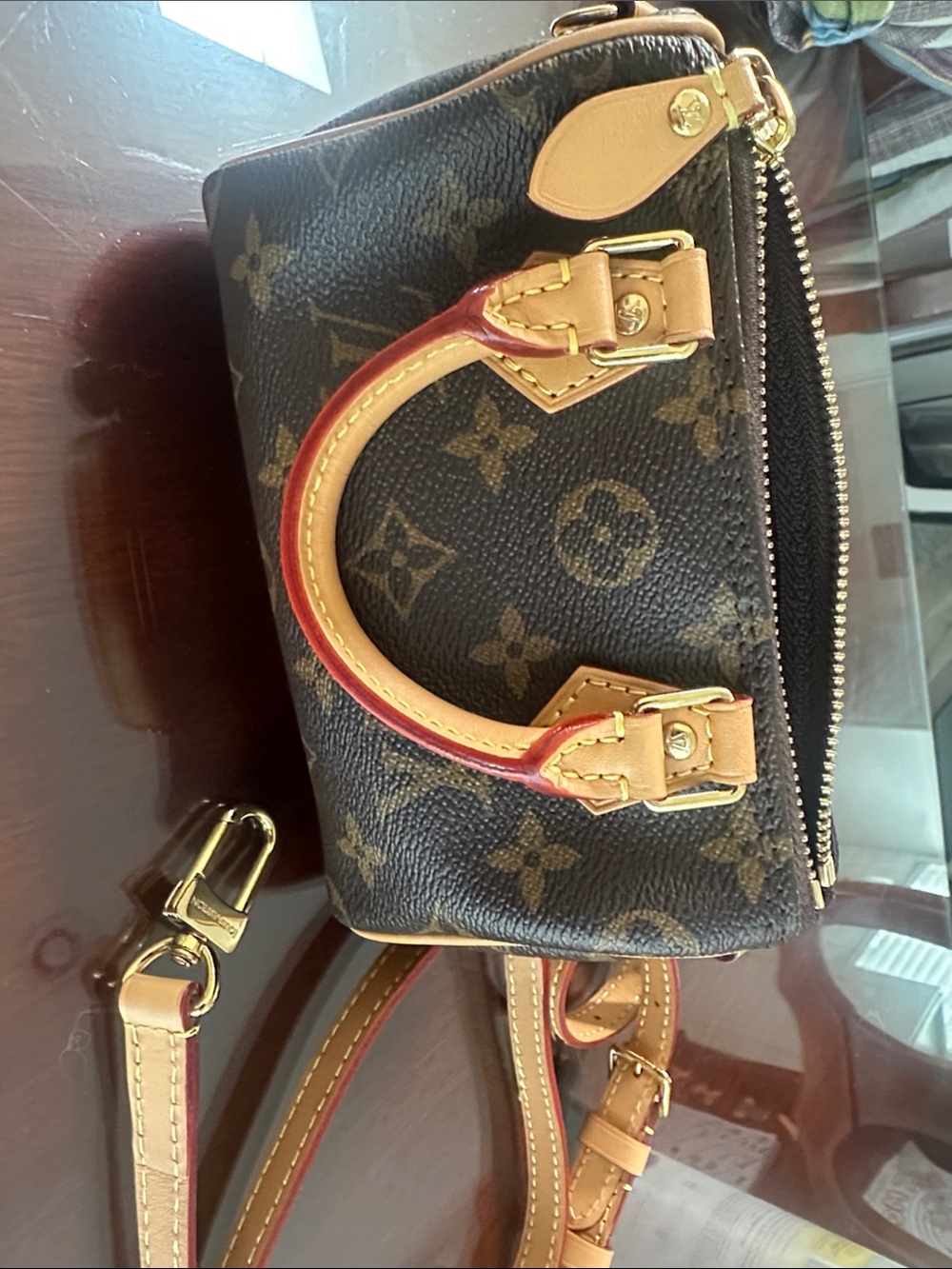 Louis Vuitton Nano speedy with Tan and Red-Edged Handles (2024)